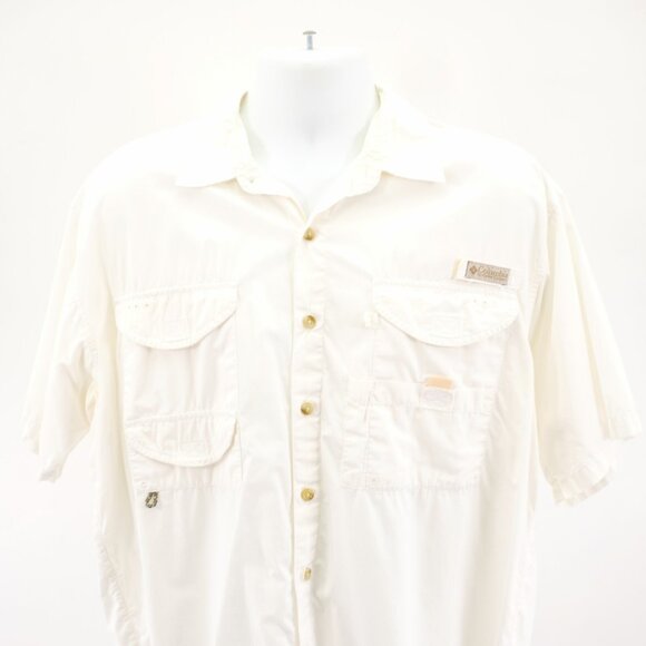 Columbia PFG Vented Fishing Shirt Cream Collared Button Front Large Short Sleeve - Picture 1 of 10